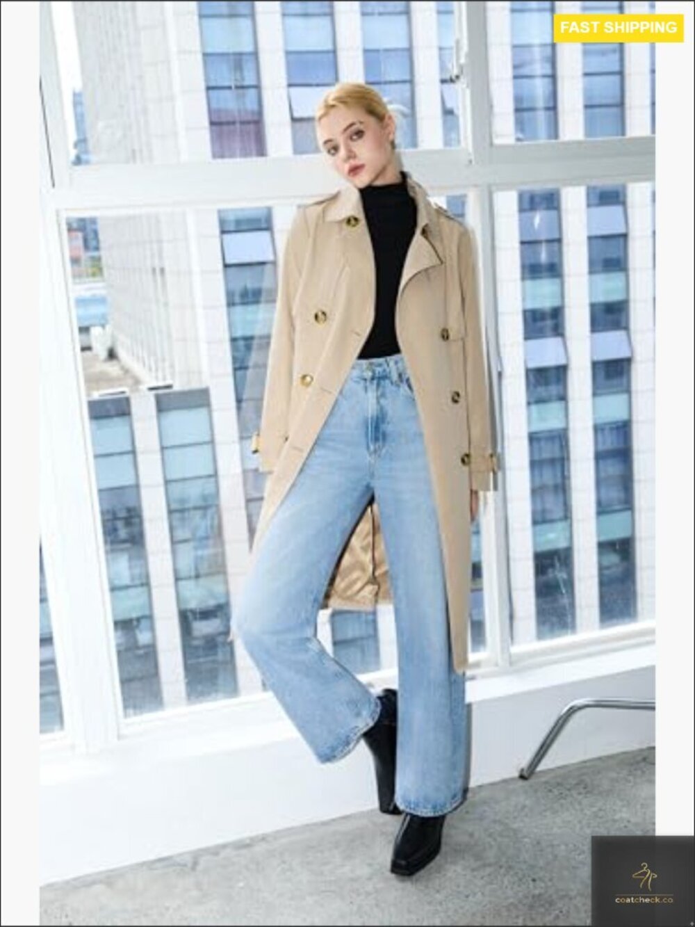 Classic Double Breasted Trench Coat Elegant Fitted Mid-Length Waterproof Jacket - Picture 3 of 7